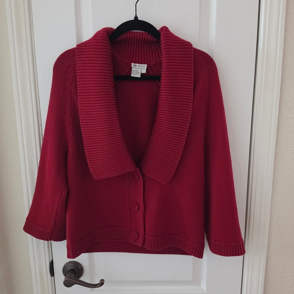 Worth New York Red 100% Wool Shawl Collar Cardigan Sweater Pointelle Small
